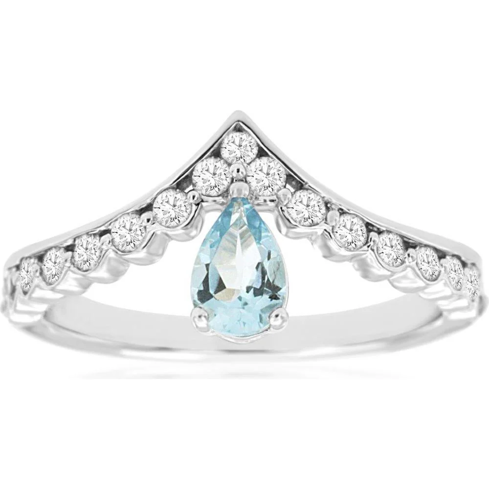 14K White Gold Curved Chevron V-Shaped Ring with Pear-Cut Aquamarine and Graduated Round Diamond Accents - 0.35 Carat Aquamarine and 0.37 Carat Diamond Total Weight - Royal Jewelry