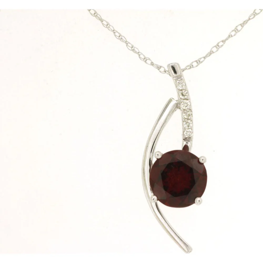 14K White Gold Curved Sweep Pendant with Round Garnet (1.75 Carat) and Diamond Accent (0.05 Carat) - Royal Jewelry