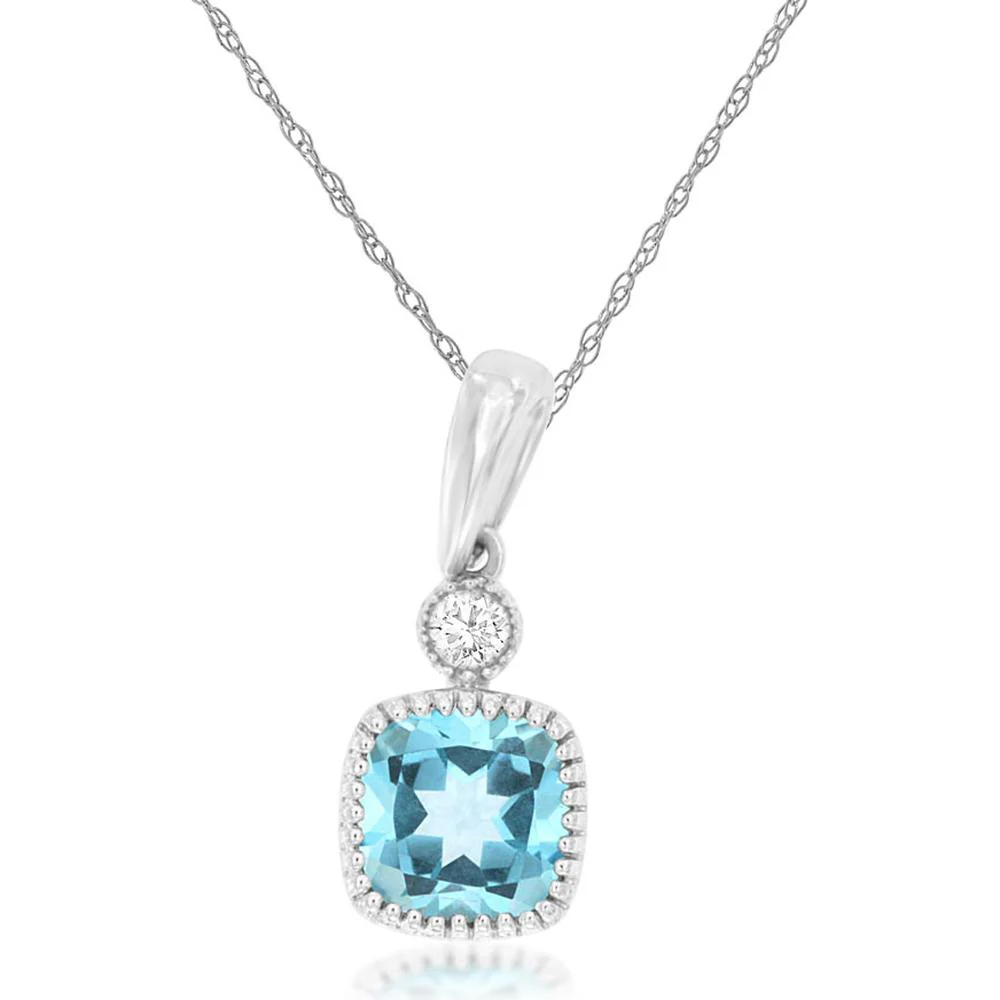 14K White Gold Cushion Blue Topaz Pendant with Round Diamond Accent - 0.64 Carat Blue Topaz and 0.03 Carat Total Diamond Weight - Royal Jewelry