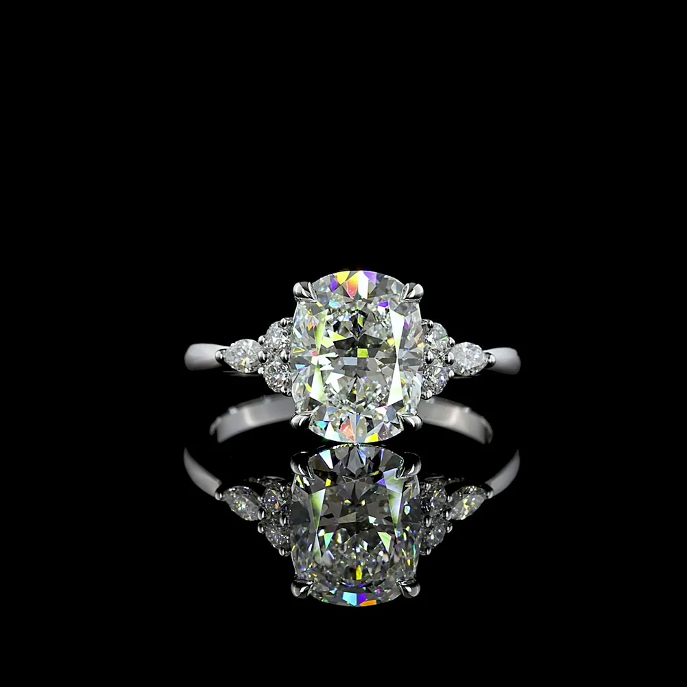14K White Gold Cushion Brilliant 3-Stone Ring with Marquise and Round Lab Diamonds - 2.74 Carats Total Diamond Weight - Covaloro Fine Jewelry