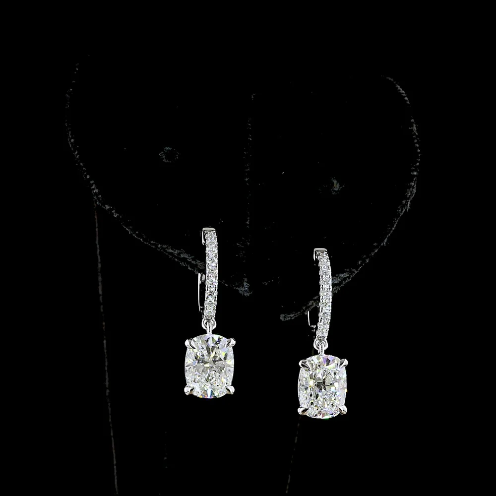 14K White Gold Cushion Brilliant Cut Lab Diamond Hanging Earrings with Diamond-Encrusted Hoops - 3.26 Carat Total Diamond Weight - Covaloro Fine Jewelry