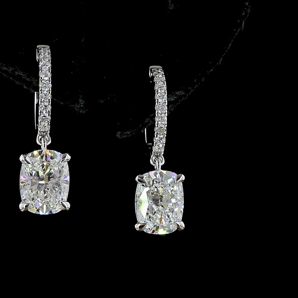 14K White Gold Cushion Brilliant Cut Lab Diamond Hanging Earrings with Diamond-Encrusted Hoops - 3.26 Carat Total Diamond Weight - Covaloro Fine Jewelry - Image 2