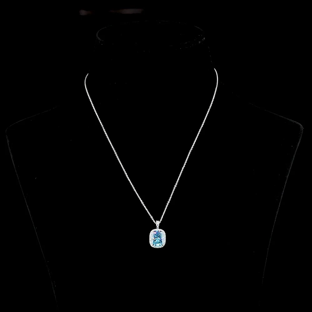 14K White Gold Cushion Brilliant Halo Pendant with Fancy Vivid Blue Lab Diamond - 4.32 Carat Total Diamond Weight - Covaloro Fine Jewelry