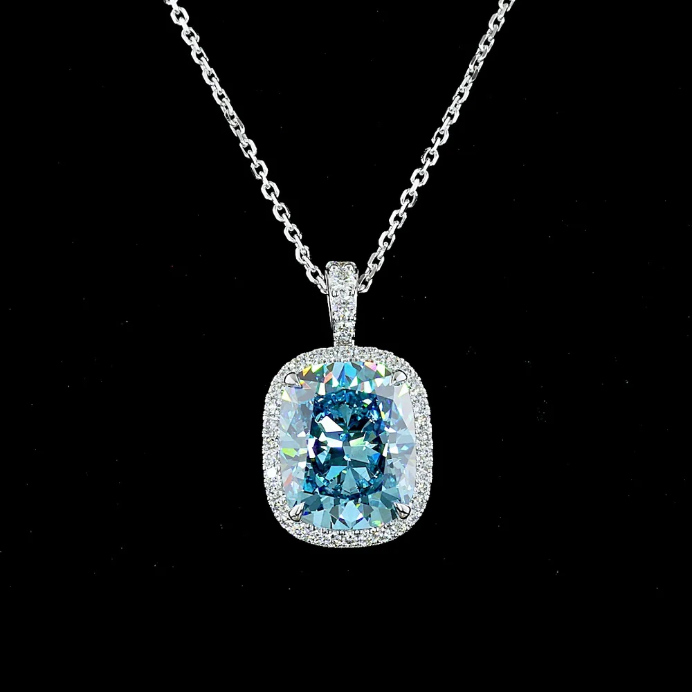 14K White Gold Cushion Brilliant Halo Pendant with Fancy Vivid Blue Lab Diamond - 4.32 Carat Total Diamond Weight - Covaloro Fine Jewelry - Image 2