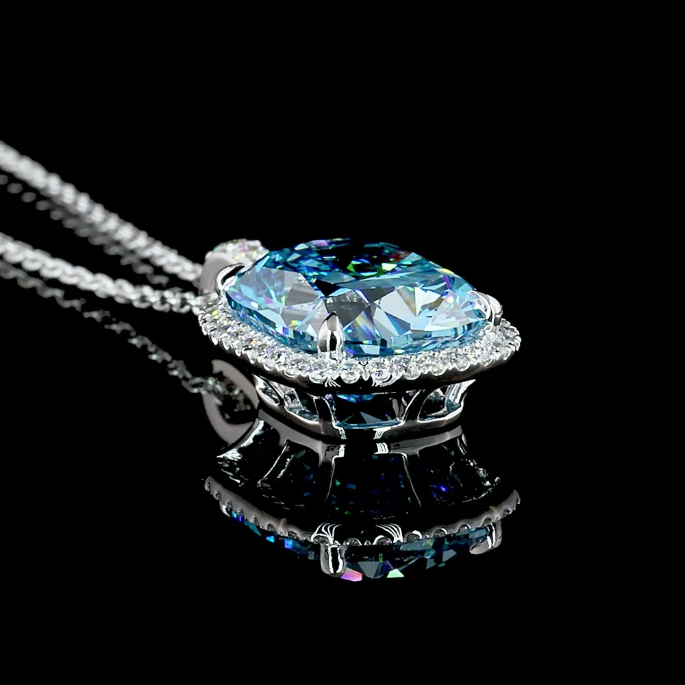 14K White Gold Cushion Brilliant Halo Pendant with Fancy Vivid Blue Lab Diamond - 4.32 Carat Total Diamond Weight - Covaloro Fine Jewelry - Image 3