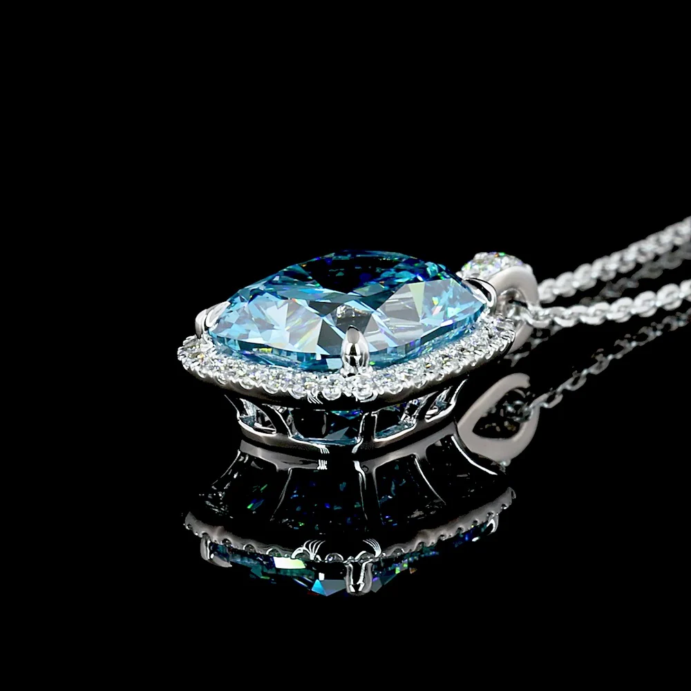 14K White Gold Cushion Brilliant Halo Pendant with Fancy Vivid Blue Lab Diamond - 4.32 Carat Total Diamond Weight - Covaloro Fine Jewelry - Image 4