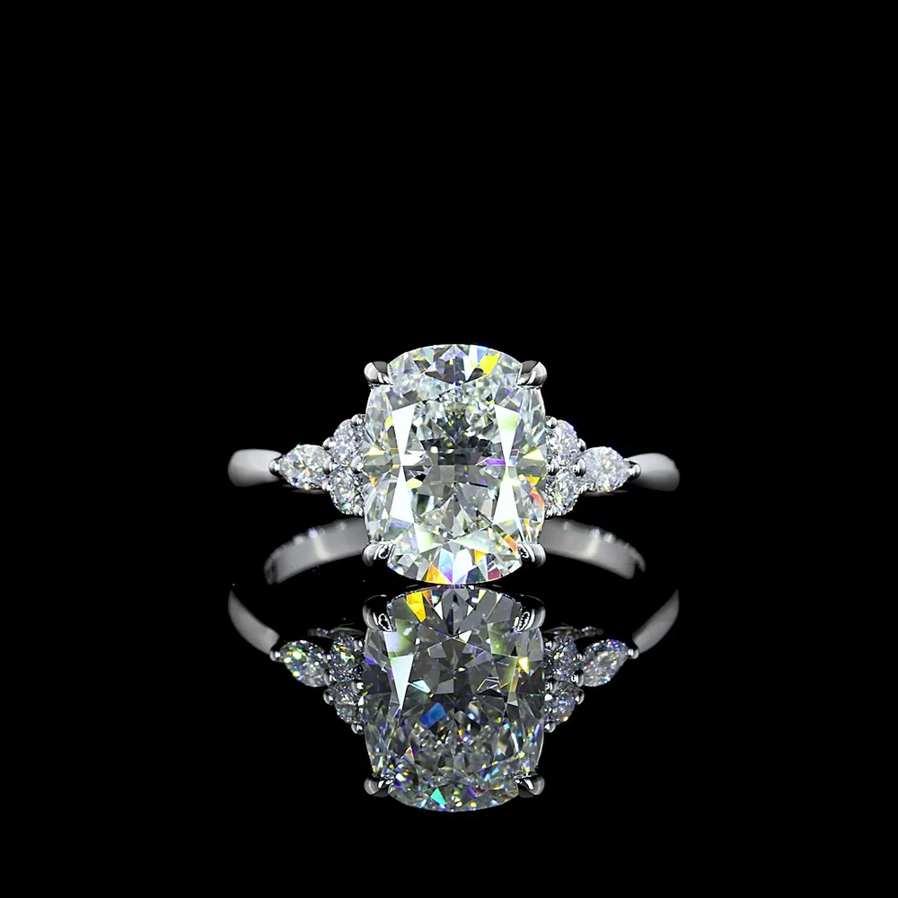 14K White Gold Cushion Brilliant Lab Diamond Ring with Marquise and Brilliant Accents - 3.33 Total Carat Weight, IGI Certified E VVS2 - Covaloro Fine Jewelry