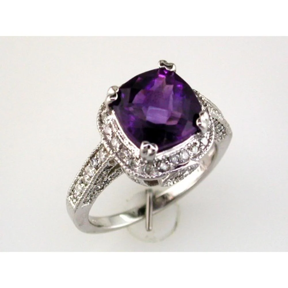 14K White Gold Cushion Cut Amethyst and Round Diamond Halo Ring - 2.70 Carat Amethyst and 0.72 Carat Total Diamond Weight - Royal Jewelry