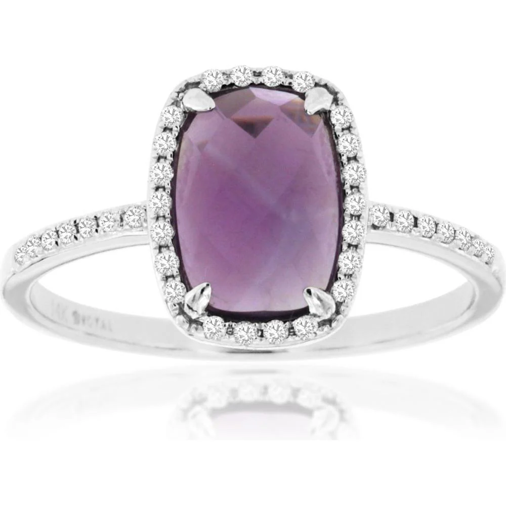 14K White Gold Cushion Cut Amethyst Ring with Diamond Halo and Diamond Accents - 1.30 Carat Amethyst and 0.14 Carat Total Diamond Weight - Royal Jewelry