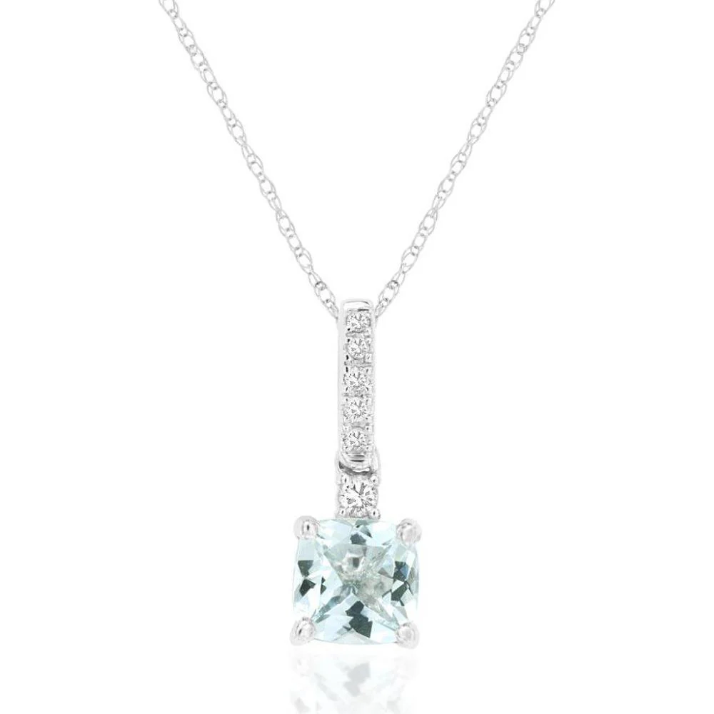 14K White Gold Cushion Cut Aquamarine and Diamond Bale Pendant - 0.84 Carat Aquamarine with 0.07 Carat Diamond Accents - Royal Jewelry