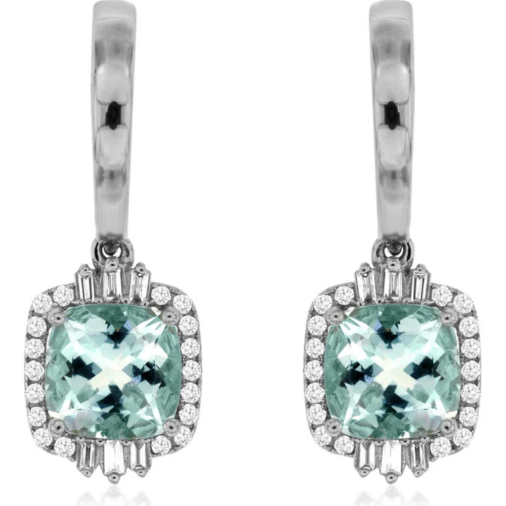 14K White Gold Cushion Cut Aquamarine and Diamond Drop Earrings with Baguette Accents - 2.70 Carat Total Aquamarine Weight, 0.29 Carat Total Diamond Weight - Royal Jewelry