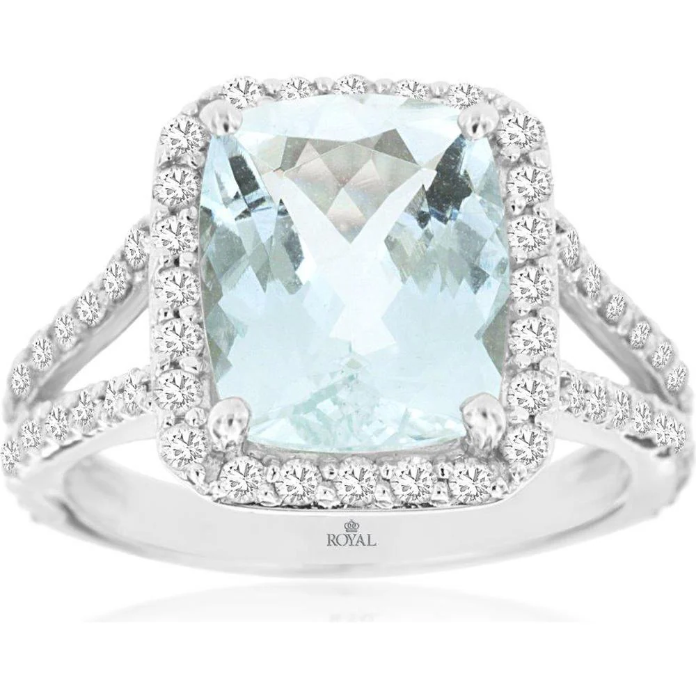 14K White Gold Cushion Cut Aquamarine and Diamond Halo Ring - 3.65 Carat Aquamarine, 1.00 Carat Total Diamond Weight - Royal Jewelry