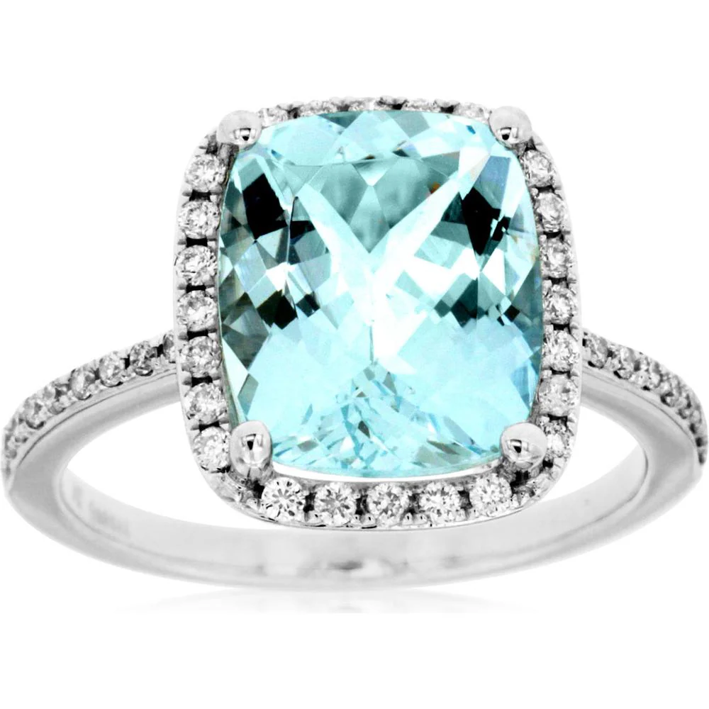 14K White Gold Cushion Cut Aquamarine and Diamond Halo Ring - 4.00 Carats Total Gem Weight - Royal Jewelry