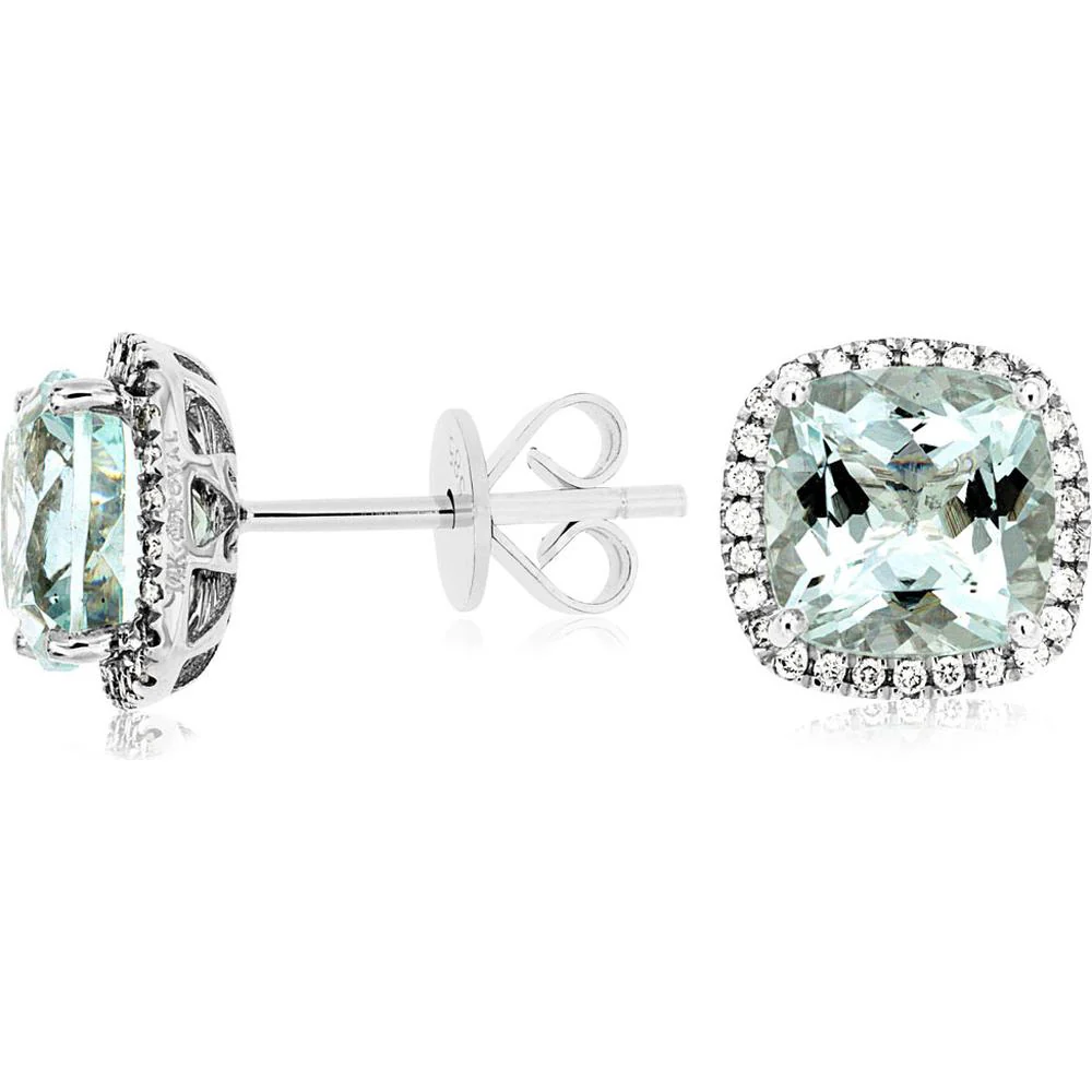 14K White Gold Cushion Cut Aquamarine and Diamond Halo Stud Earrings - 3.80 Carat Aquamarine Total Weight, 0.21 Carat Diamond Total Weight - Royal Jewelry