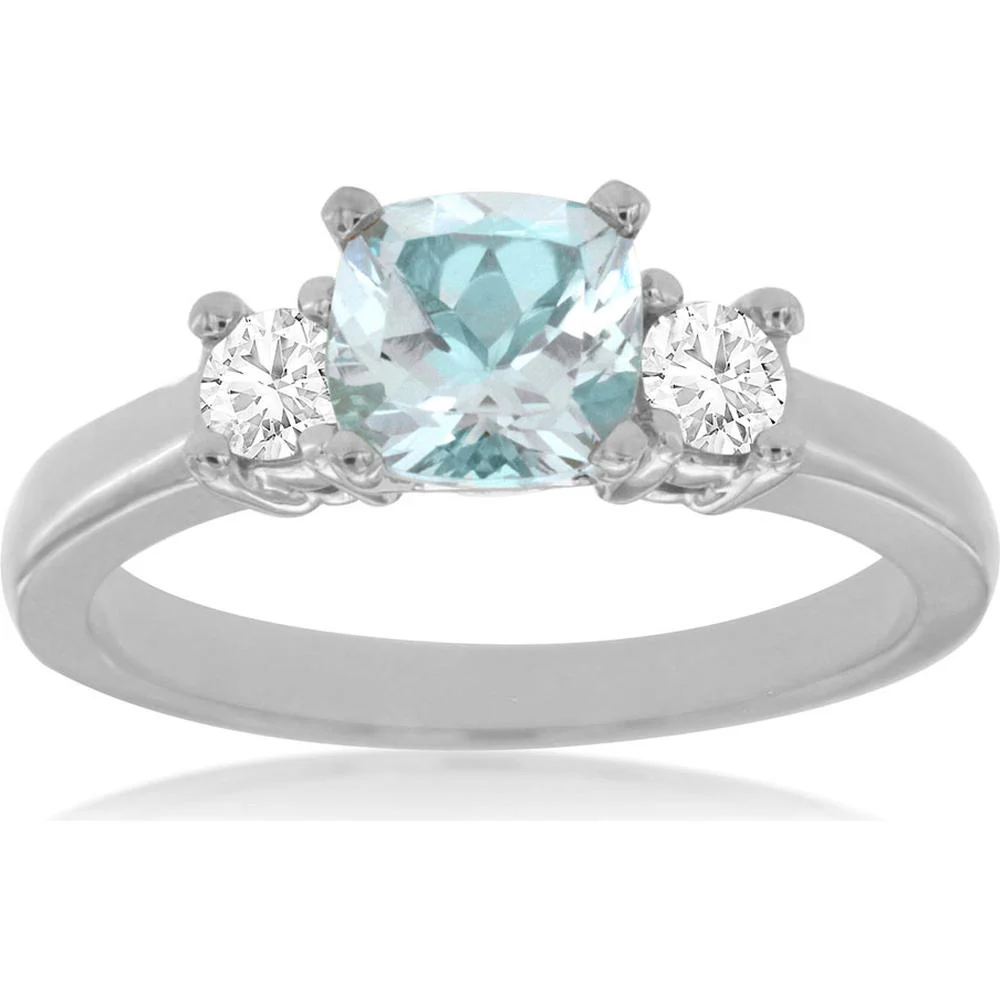 14K White Gold Cushion Cut Aquamarine and Diamond Three-Stone Ring - 0.84 Carat Aquamarine, 0.30 Carat Total Diamond Weight - Royal Jewelry