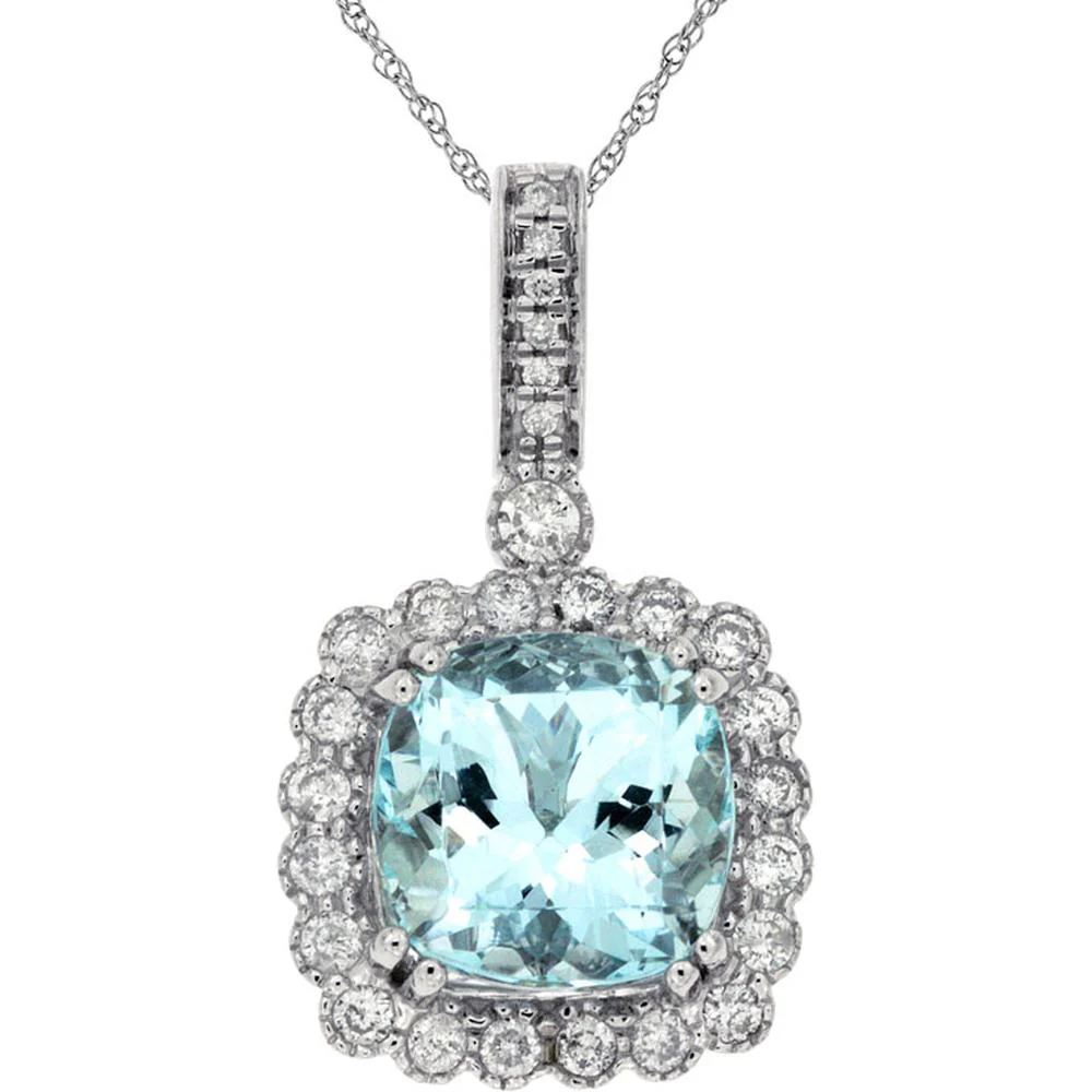 14K White Gold Cushion-Cut Aquamarine Halo Pendant with Round Diamonds - 2.75 Carat Aquamarine & 0.37 Carat Total Diamond Weight - Royal Jewelry