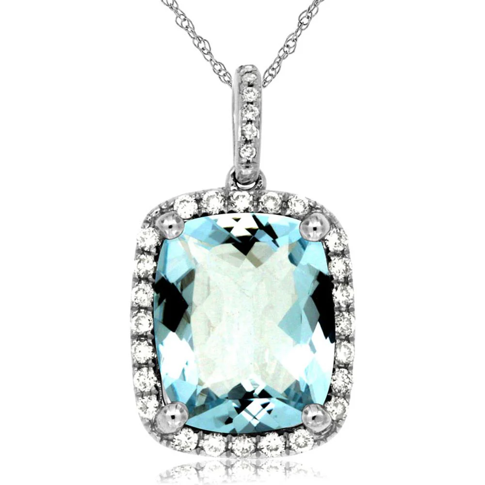 14K White Gold Cushion Cut Aquamarine Halo Pendant with Round Diamonds - 3.70 Carat Aquamarine & 0.22 Carat Total Diamond Weight - Royal Jewelry