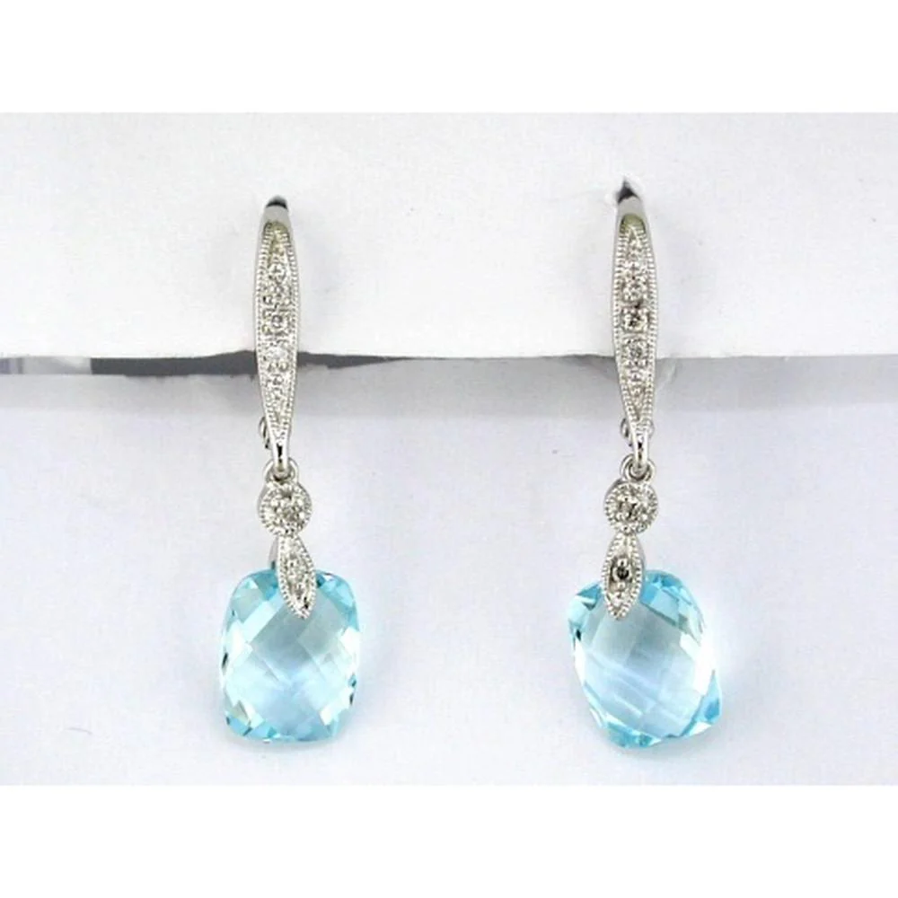 14K White Gold Cushion Cut Blue Topaz and Diamond Drop Earrings - 5.20 Carat Total Blue Topaz, 0.07 Carat Total Diamonds - Royal Jewelry