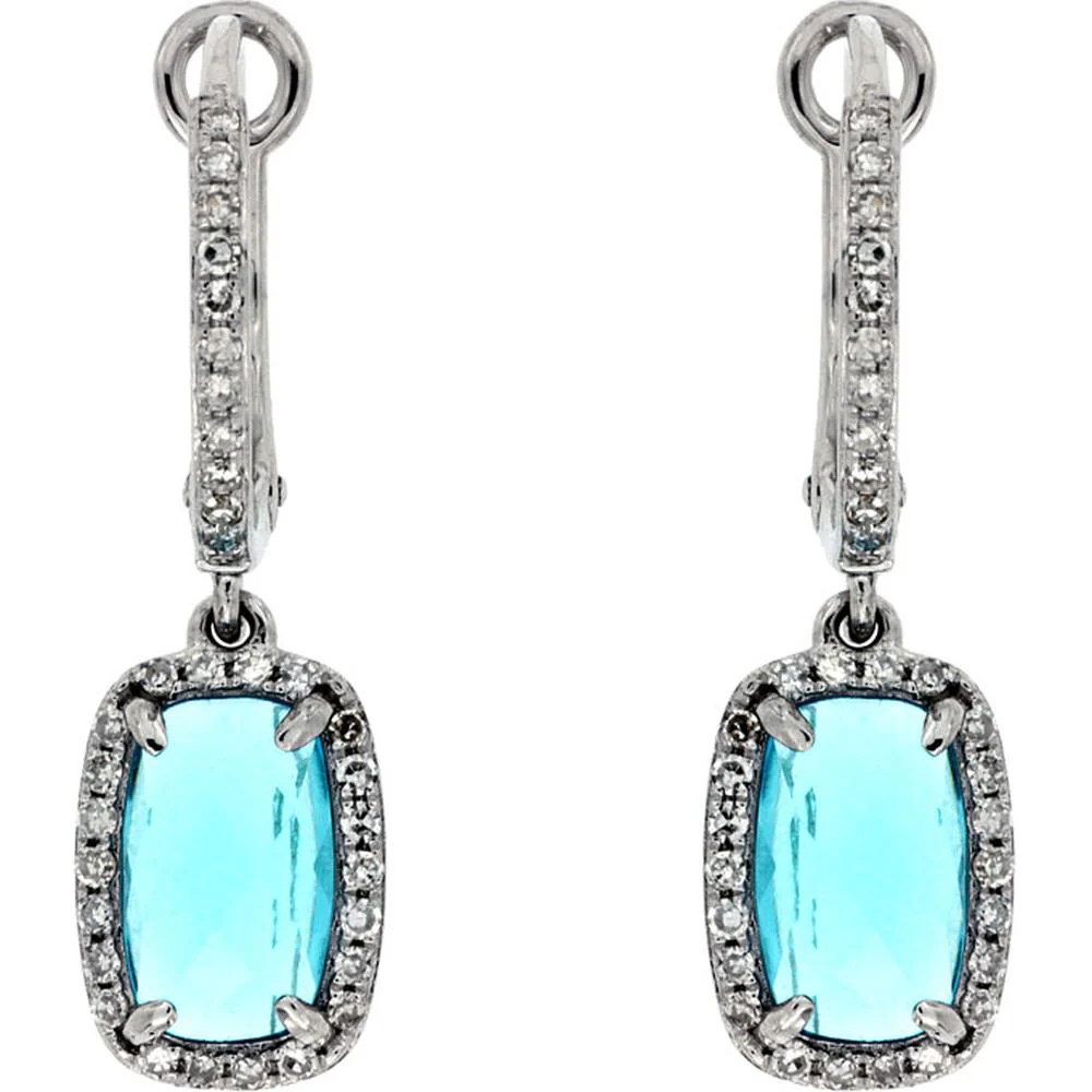 14K White Gold Cushion Cut Blue Topaz and Diamond Halo Drop Earrings with Lever Back - 2.50 Carat Total Blue Topaz Weight, 0.26 Carat Total Diamond Weight - Royal Jewelry