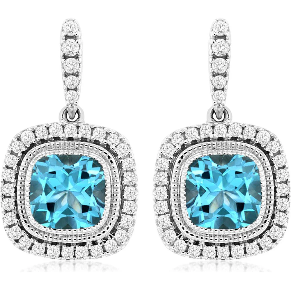 14K White Gold Cushion Cut Blue Topaz and Diamond Halo Drop Earrings with Milgrain Detail - 2.40 Carat Total Blue Topaz Weight, 0.38 Carat Total Diamond Weight - Royal Jewelry