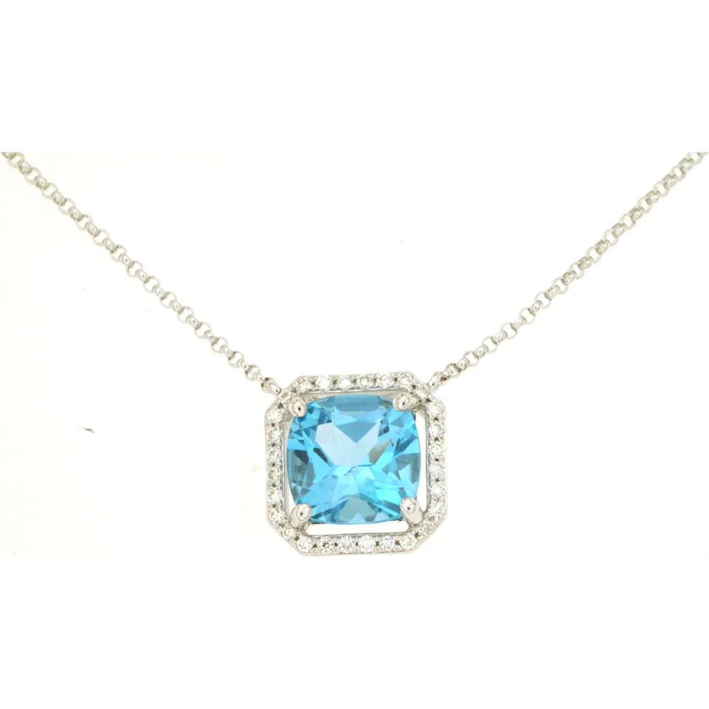 14K White Gold Cushion Cut Blue Topaz and Diamond Halo Pendant Necklace - 2.75 Carat Blue Topaz, 0.14 Carat Total Diamond Weight - Royal Jewelry