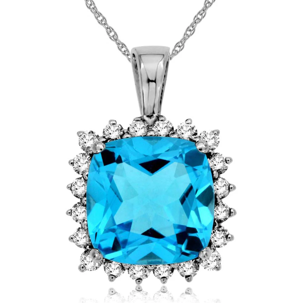 14K White Gold Cushion-Cut Blue Topaz & Diamond Halo Pendant Necklace - 4.95 Carat Blue Topaz, 0.45 Carat Diamonds - Royal Jewelry