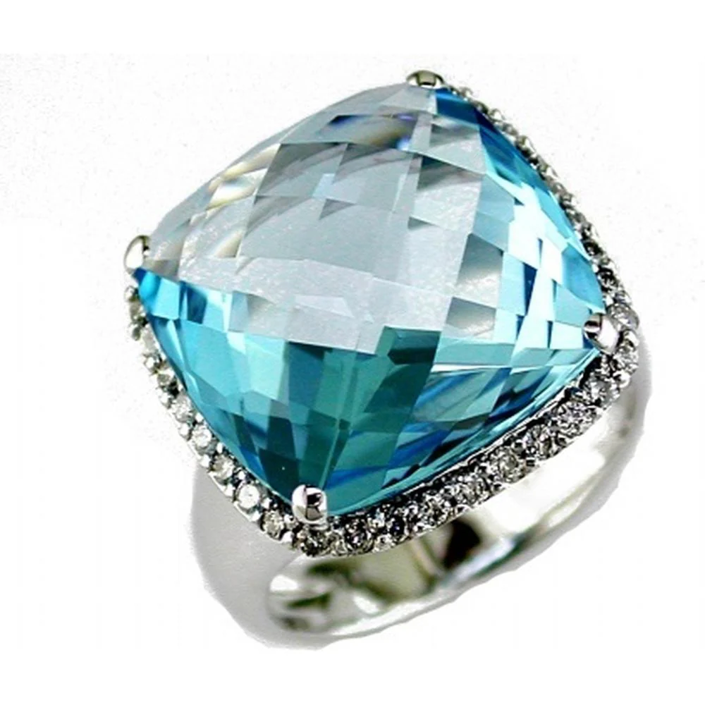 14K White Gold Cushion Cut Blue Topaz and Diamond Halo Ring - 17.80 Carat Blue Topaz, 0.42 Carat Total Diamond Weight - Royal Jewelry