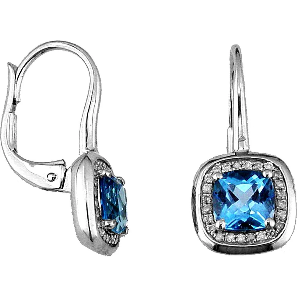 14K White Gold Cushion Cut Blue Topaz & Round Diamond Halo Lever Back Earrings - 2.20 Carat Total Blue Topaz Weight, 0.15 Carat Total Diamond Weight - Royal Jewelry