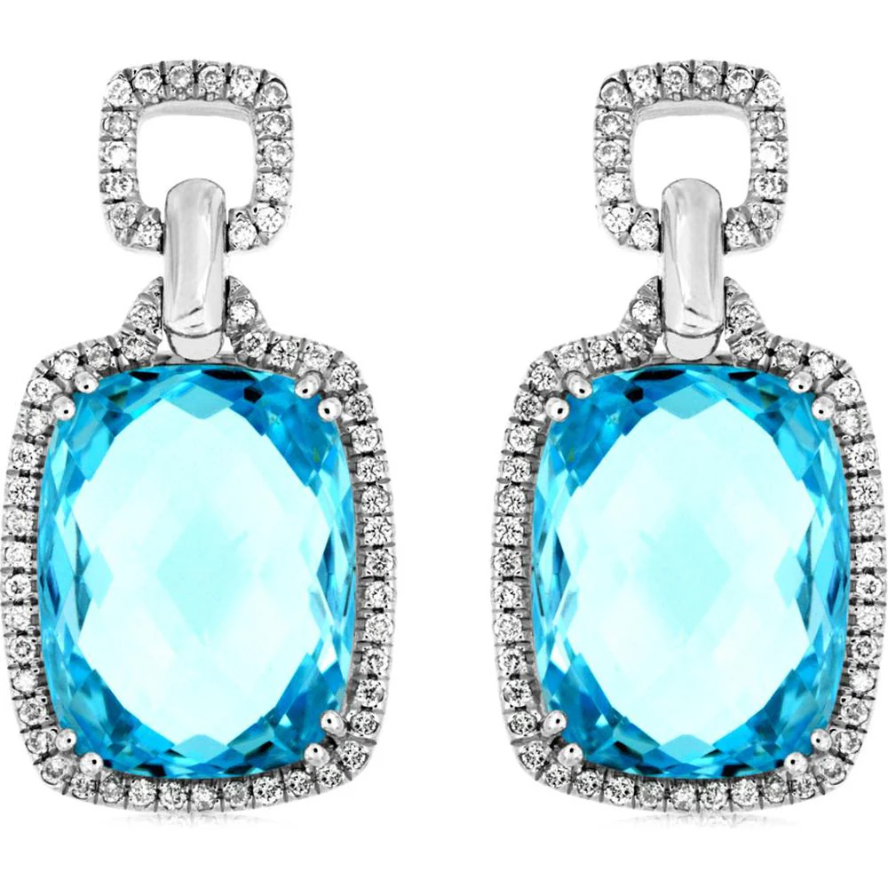 14K White Gold Cushion Cut Blue Topaz Earrings with Diamond Halo - 16.00 Carat Total Blue Topaz Weight, 0.34 Carat Total Diamond Weight - Royal Jewelry