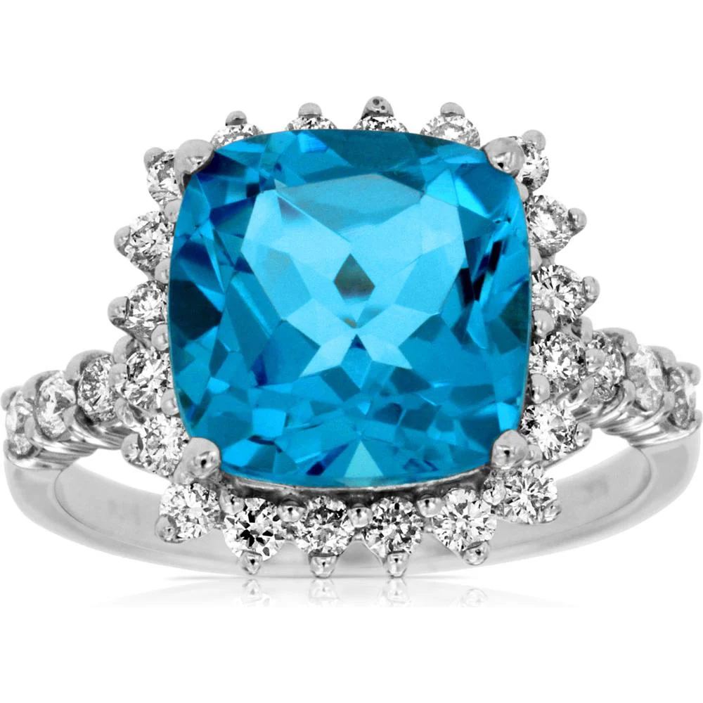 14K White Gold Cushion-Cut Blue Topaz Halo Ring with Round Diamonds - 4.95 Carat Blue Topaz and 0.65 Carat Total Diamond Weight - Royal Jewelry