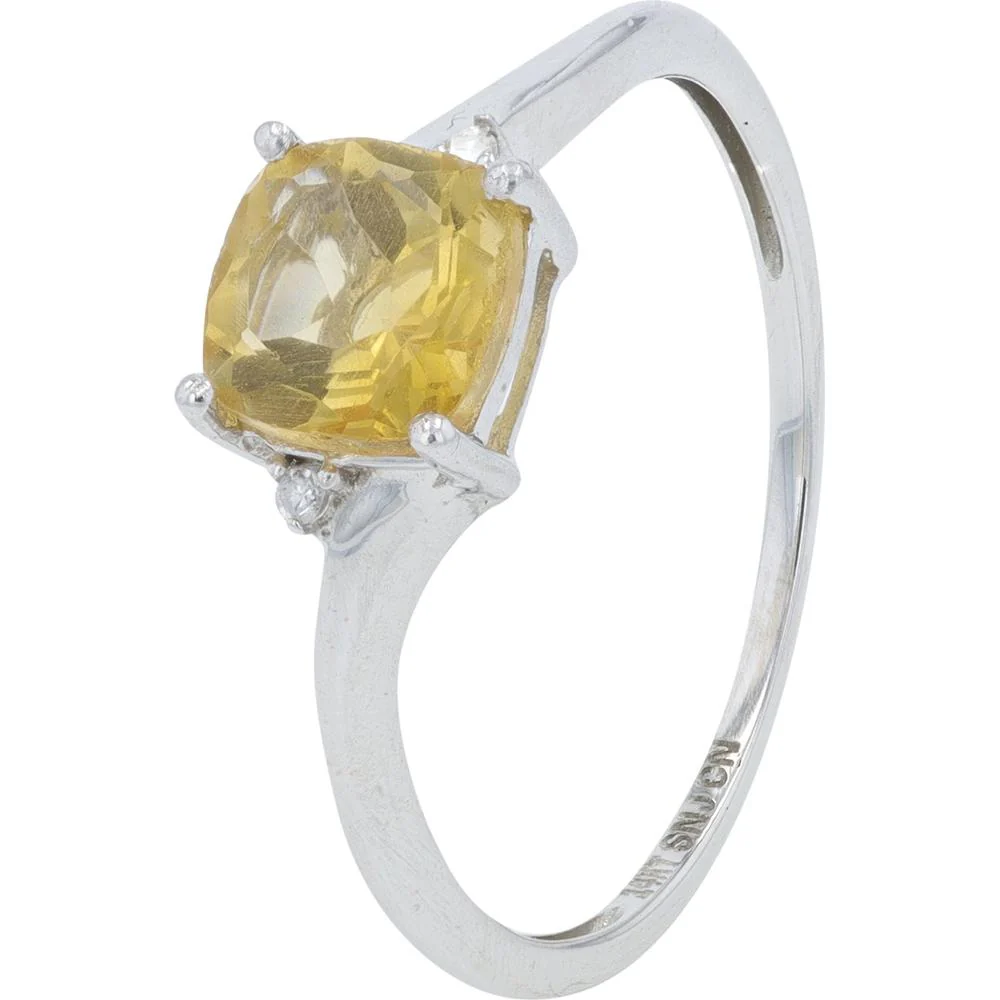 14K White Gold Cushion Cut Citrine Ring with Diamond Accents - 0.01 Carat Total Diamond Weight
