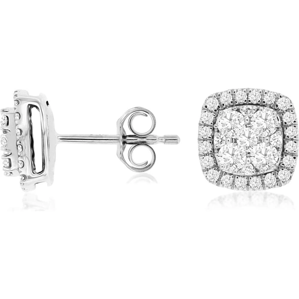 14K White Gold Cushion Cut Diamond Halo Earrings - 0.70 Carats Total Diamond Weight - Royal Jewelry