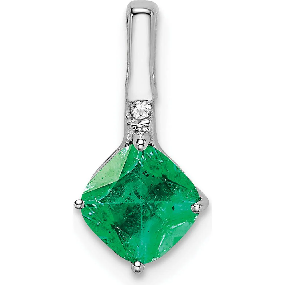 14K White Gold Cushion Cut Emerald Pendant with Round Diamond Accent - 1.25 Carat Total Emerald Weight, 0.01 Carat Diamond Weight by Lumare Gioia