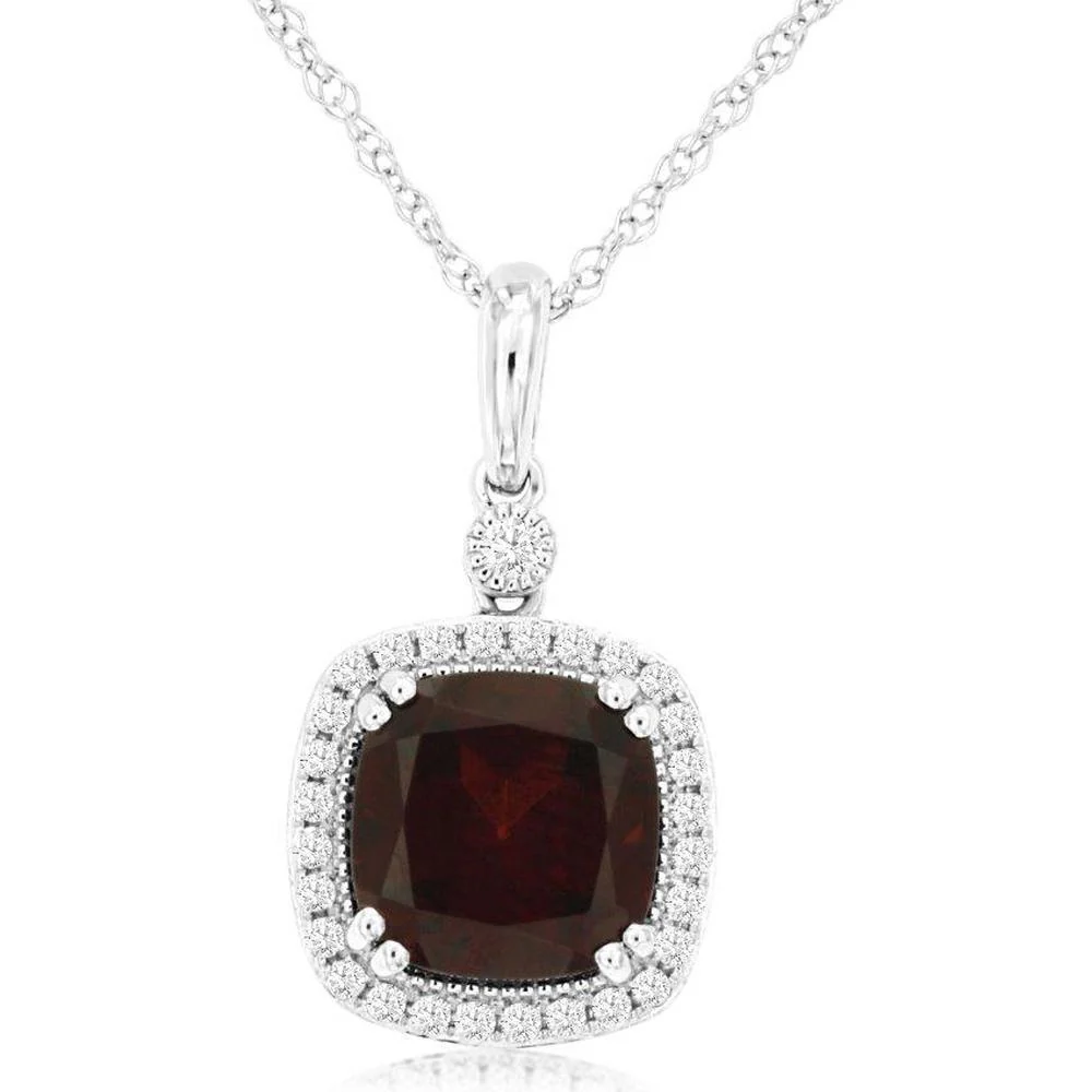 14K White Gold Cushion-Cut Garnet and Diamond Halo Pendant - 2.75 Carat Garnet, 0.18 Carat Total Diamond Weight - Royal Jewelry