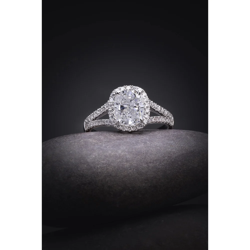 14K White Gold Cushion Cut Halo Split Shank Ring with 1.51 Carats D VVS2 Lab Center and 0.36 Carats Total Diamond Accents - 1.87 Total Carat Weight - Covaloro Fine Jewelry - Image 3