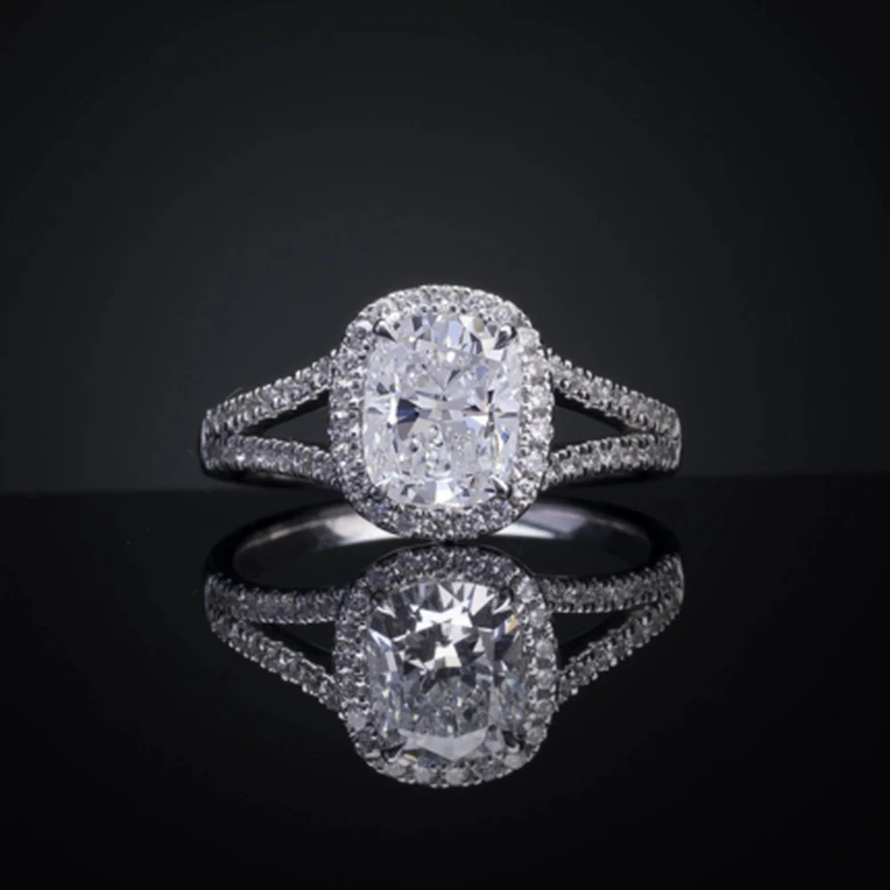 14K White Gold Cushion Cut Halo Split Shank Ring with 2.02 Carat E VVS2 Lab Diamond and 0.43 Carat Brilliant Cut Diamond Accents - 2.45 Carat Total Diamond Weight - Covaloro Fine Jewelry