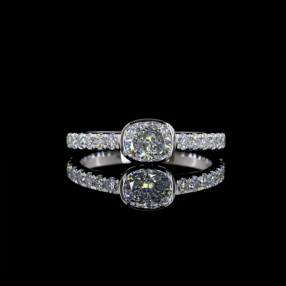 14K White Gold Cushion Cut Lab Diamond Solitaire Ring with East West Bezel Set Center and Diamond Shank - 0.83 Carat Total Weight - Covaloro Fine Jewelry