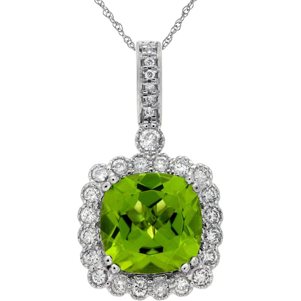 14K White Gold Cushion Cut Peridot and Diamond Halo Pendant Necklace - 3.30 Carat Peridot & 0.37 Carat Diamond Total Weight - Royal Jewelry