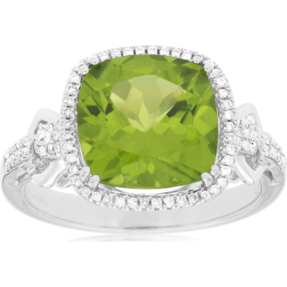 14K White Gold Cushion Cut Peridot and Diamond Halo Ring - 4.20 Carat Peridot, 0.20 Carat Total Diamond Weight - Royal Jewelry