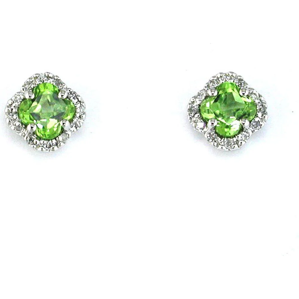 14K White Gold Cushion Cut Peridot and Diamond Halo Stud Earrings - 1.00 Carat Total Peridot Weight, 0.10 Carat Total Diamond Weight - Royal Jewelry