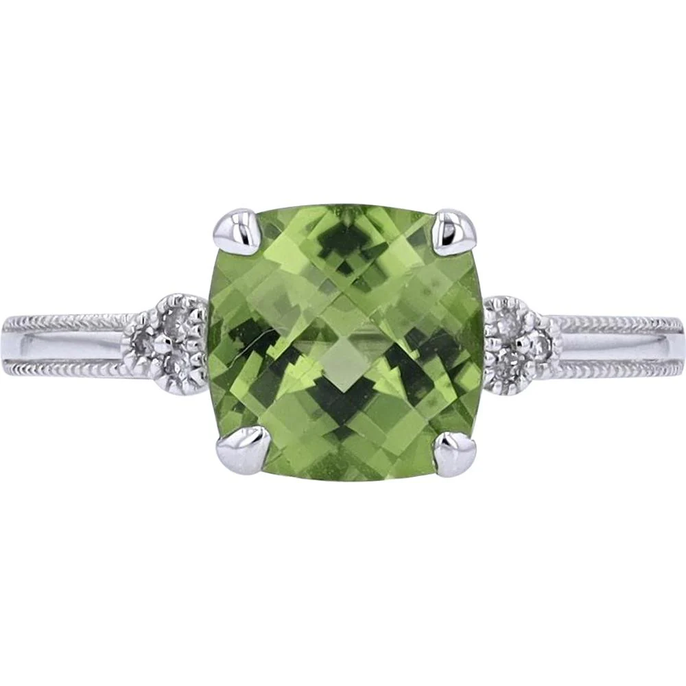 14K White Gold Cushion Cut Peridot Ring with Diamond Accents - 0.03 Carat Total Diamond Weight