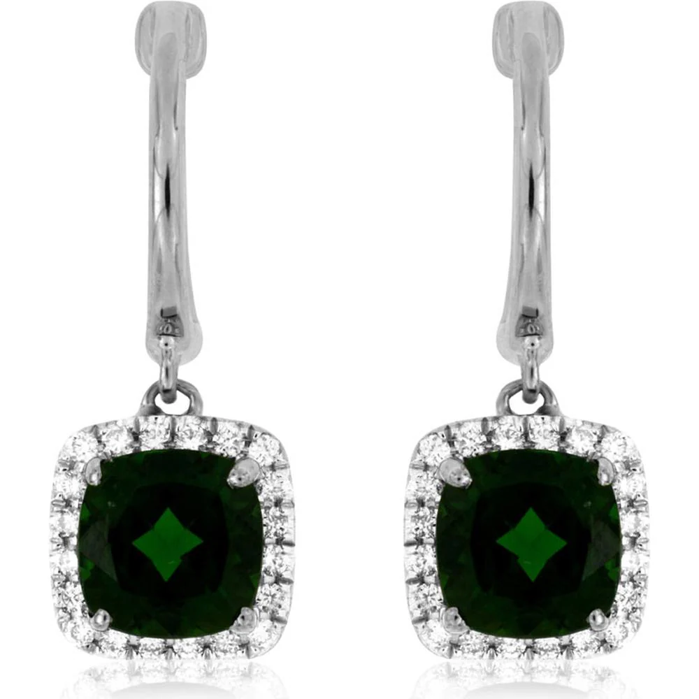 14K White Gold Cushion-Cut Russalite and Diamond Halo Drop Earrings - 2.00 Carat Total Russalite Weight, 0.21 Carat Total Diamond Weight - Royal Jewelry