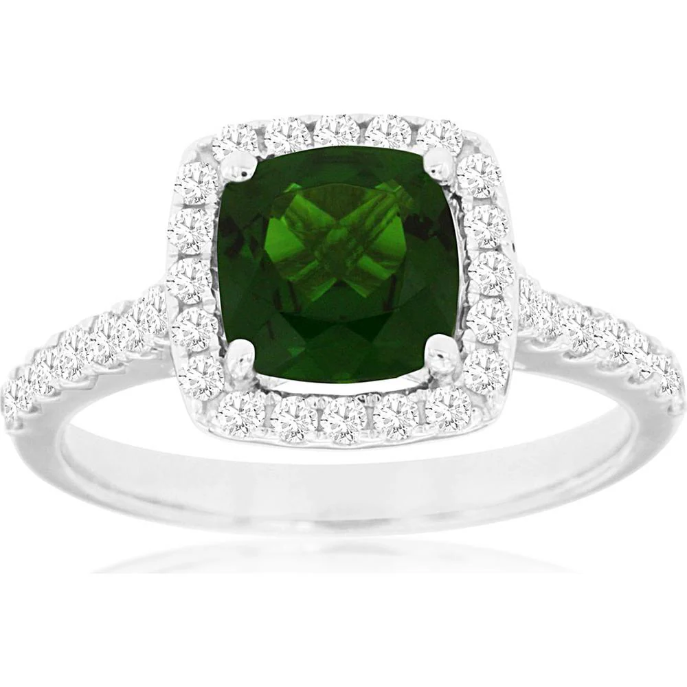 14K White Gold Cushion Cut Russalite and Diamond Halo Ring with Diamond Accented Band - 1.40 Carat Russalite and 0.48 Carat Total Diamond Weight - Royal Jewelry