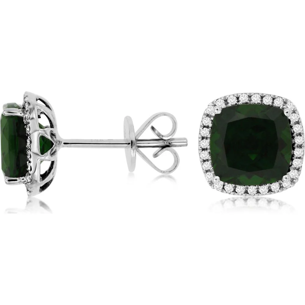 14K White Gold Cushion Cut Russalite and Diamond Halo Stud Earrings – 4.30 Carat Total Russalite Weight, 0.21 Carat Total Diamond Weight - Royal Jewelry