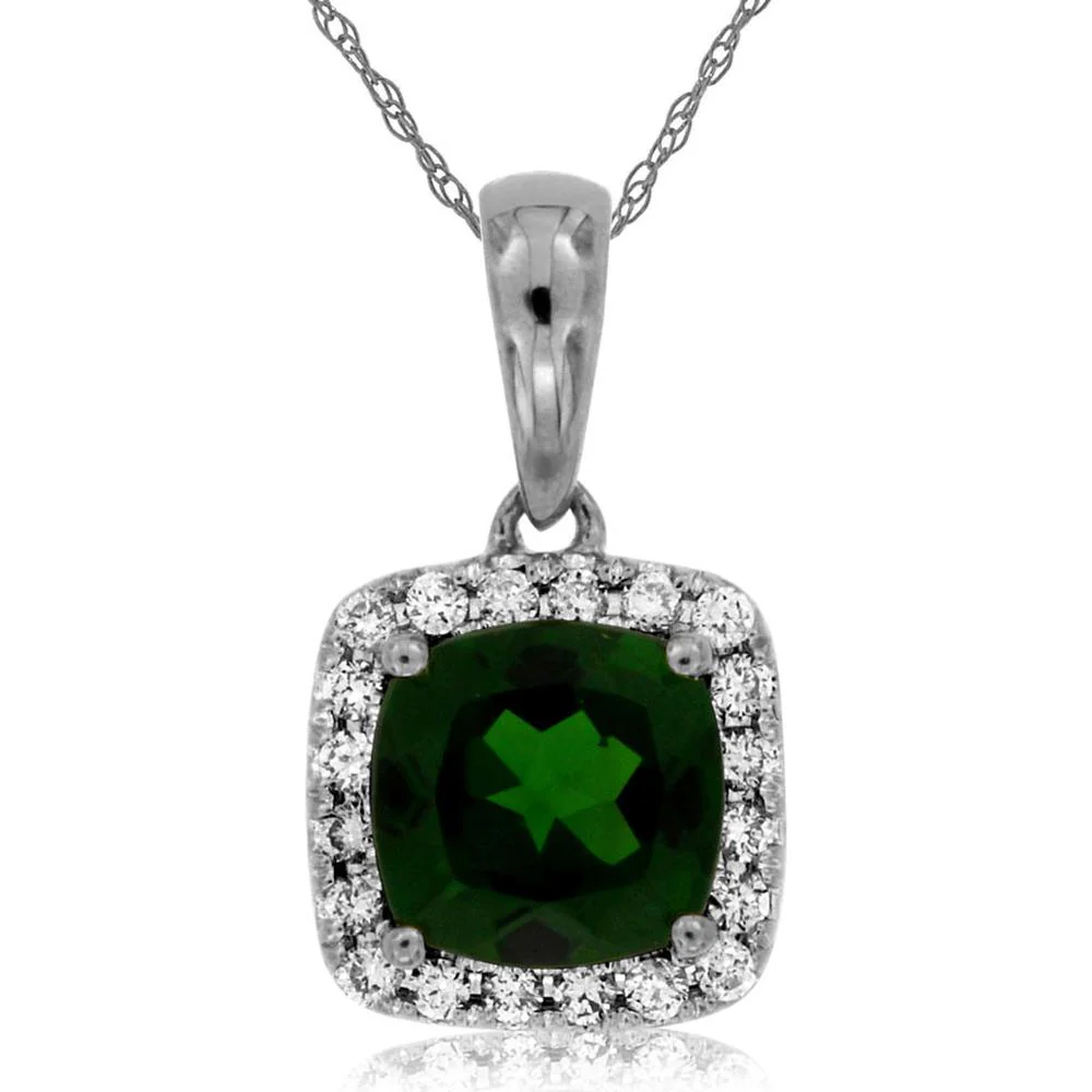 14K White Gold Cushion Cut Russalite Pendant with Diamond Halo - 1.00 Carat Russalite, 0.11 Carat Total Diamond Weight - Royal Jewelry