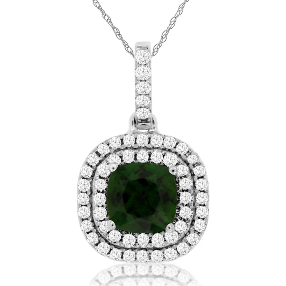 14K White Gold Cushion Cut Russalite Pendant with Double Halo Round Diamonds - 1.00 Carat Russalite & 0.30 Carat Diamond Total Weight - Royal Jewelry