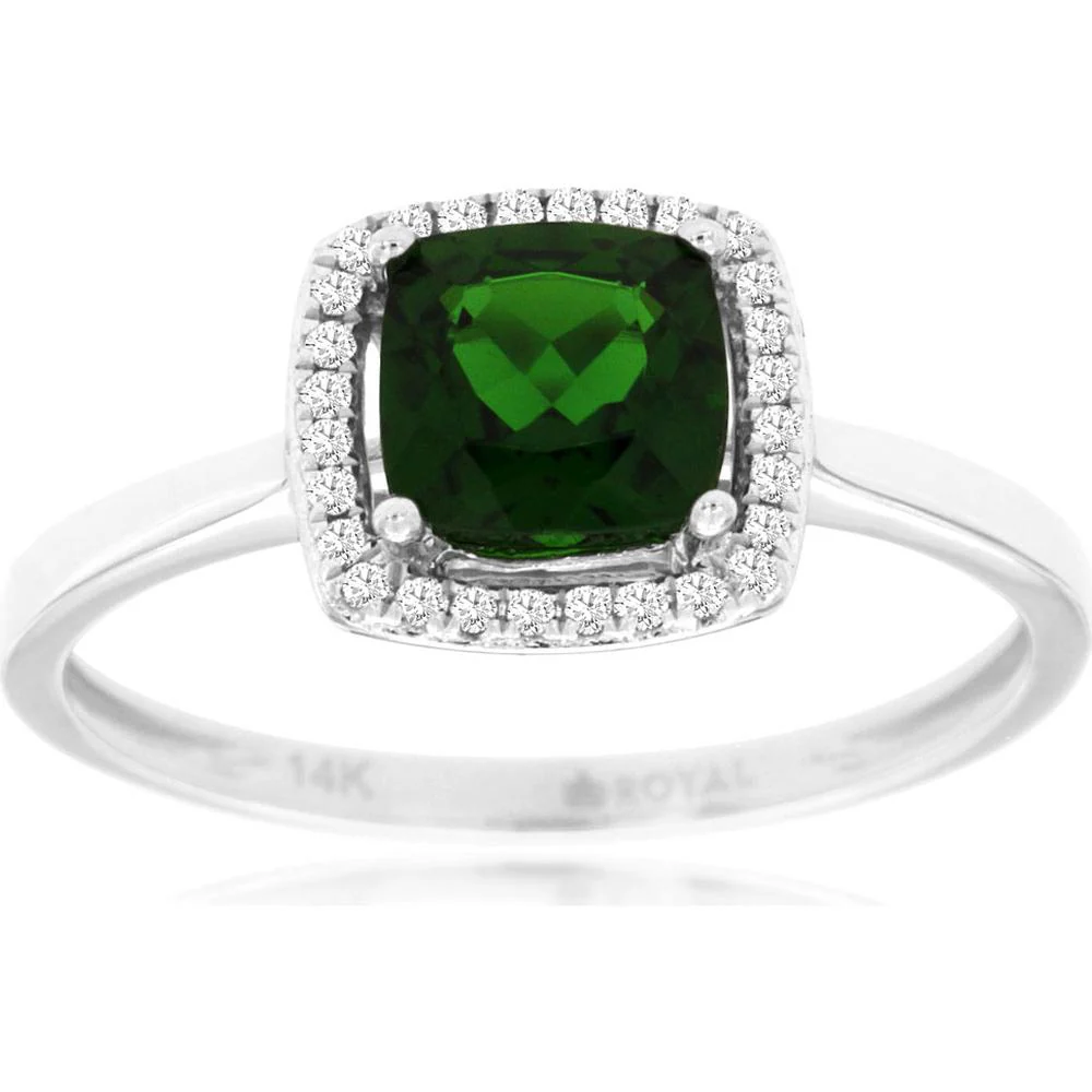 14K White Gold Cushion Cut Russalite Ring with Diamond Halo - 1.00 Carat Russalite and 0.08 Carat Total Diamond Weight - Royal Jewelry
