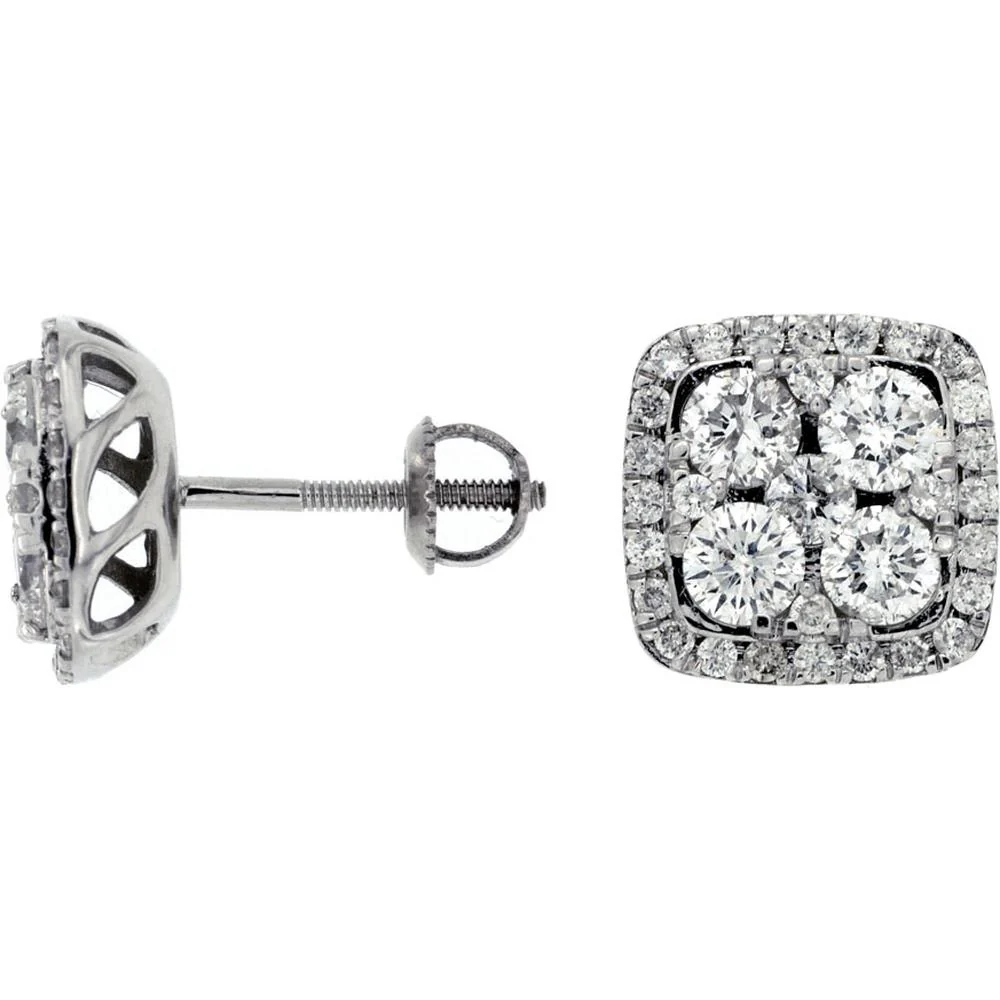 14K White Gold Cushion Halo Diamond Stud Earrings with Round Diamonds - 2.00 Carat Total Diamond Weight - Royal Jewelry