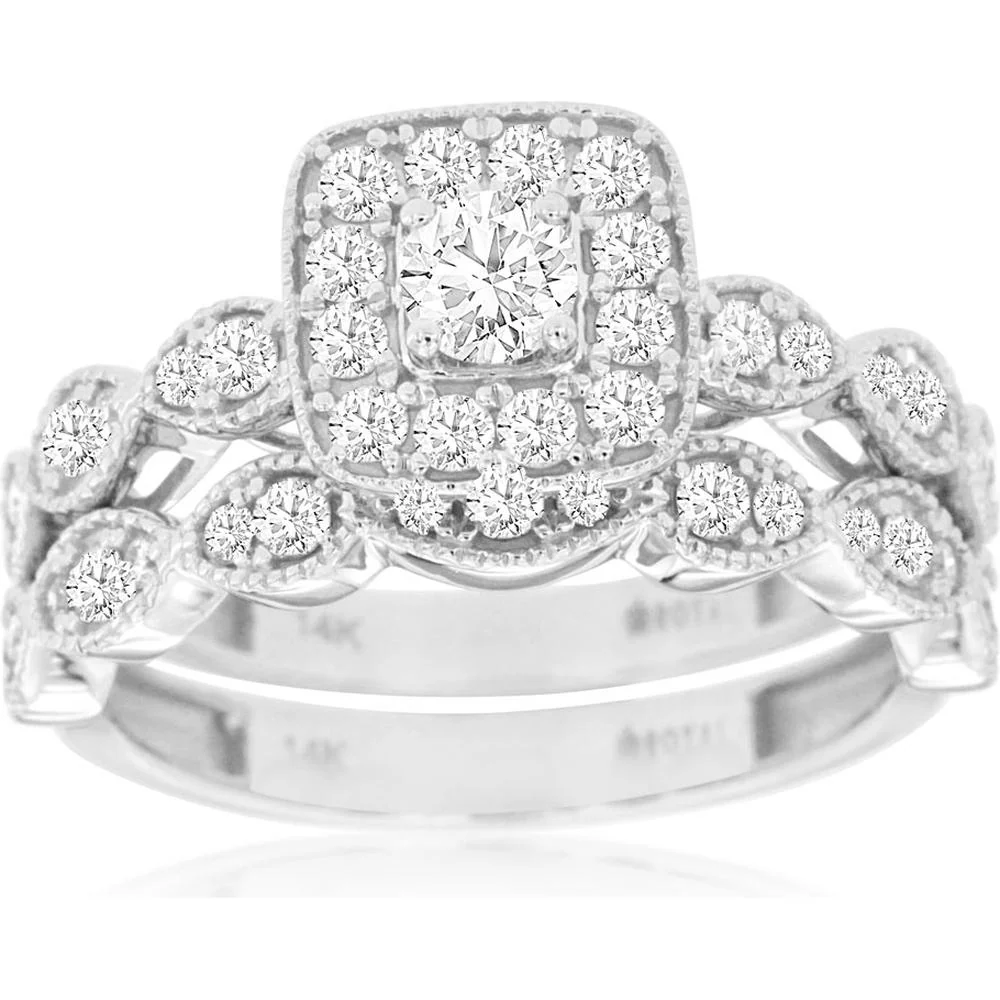 14K White Gold Cushion Halo Engagement and Wedding Bridal Set with Round Brilliant Center Diamond and Milgrain Detail - 0.98 Carat Total Diamond Weight - Royal Jewelry