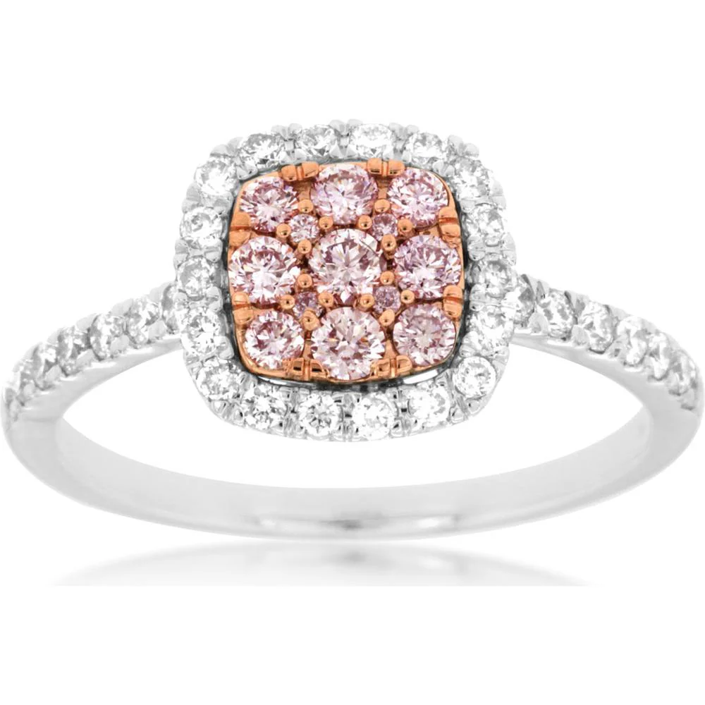14K White Gold Cushion Halo Ring with Round Pink Diamond Cluster and Round White Diamonds - 0.67 Carat Total Diamond Weight - Royal Jewelry